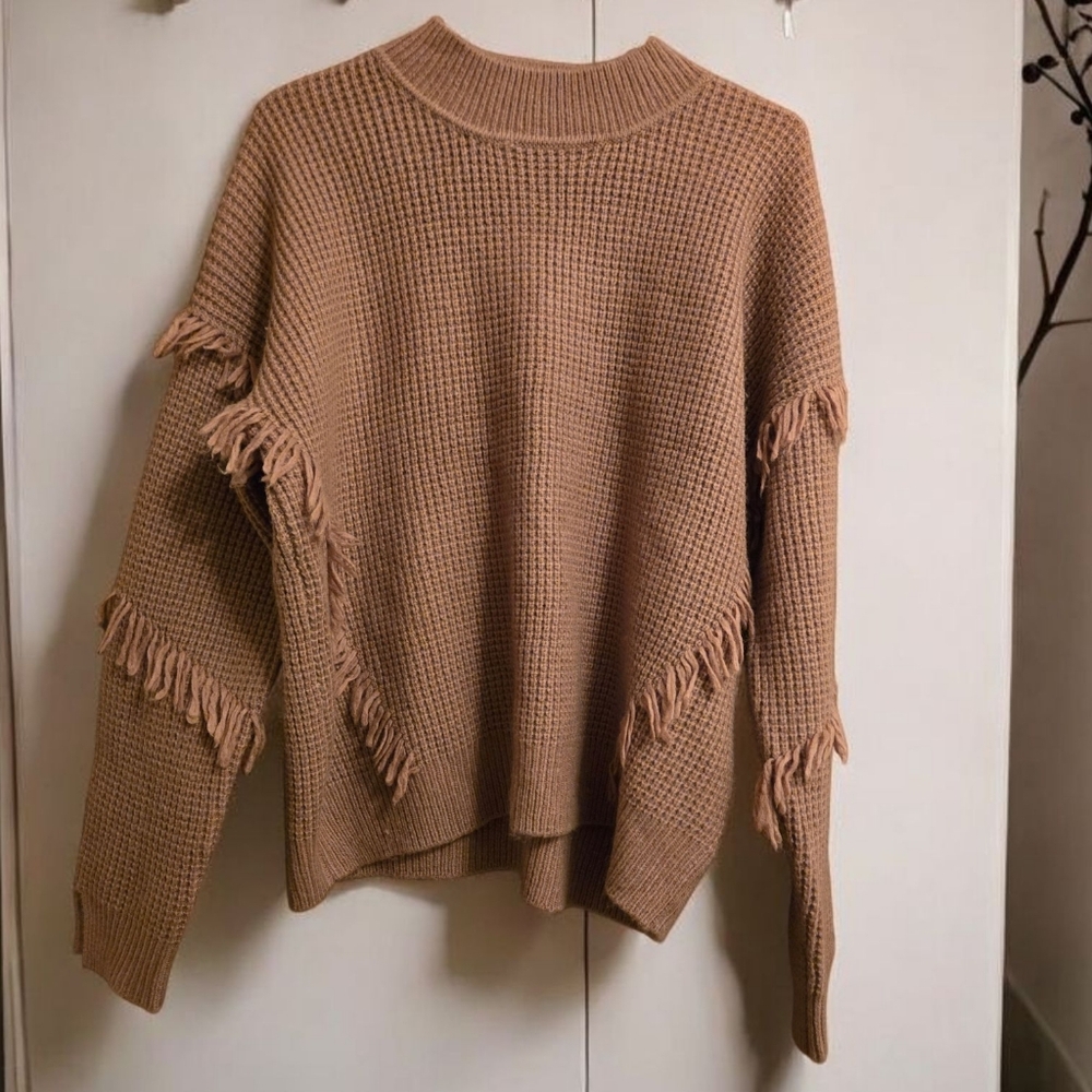 Michael Kors Fringe Knit Sweater Camel Brown Textured Pullover Cozy Fall Winter